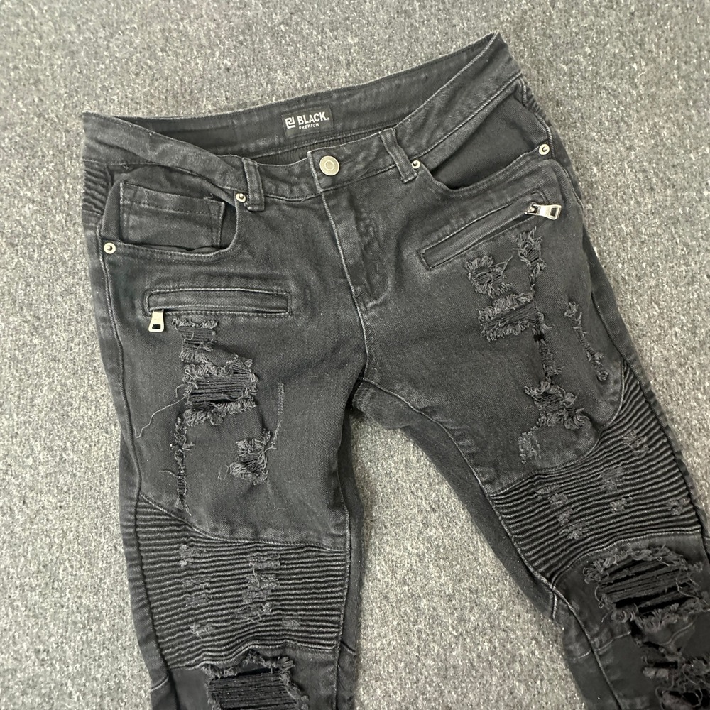 CJ Black Premium Jeans Mens 30x32 Black Skinny Flex Moto Biker Distressed Denim